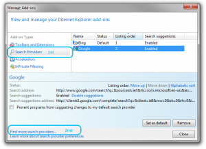 Add-Ons settings window on Internet Explorer 8