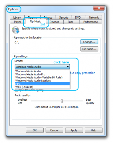 Rip Music Settings window in Windows Media Player 12
