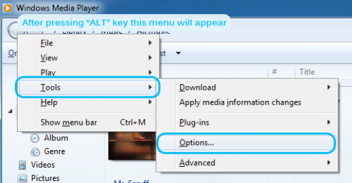 How to get to Windows Media Player options window