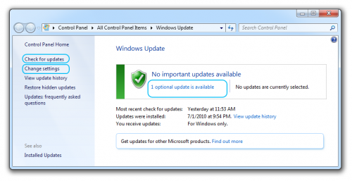 Windows 7 Update Window Setting