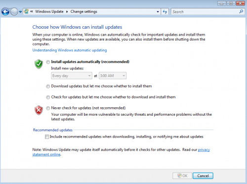 Windows Vista Update Settings window