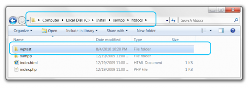 WordPress destination folder in XAMPP