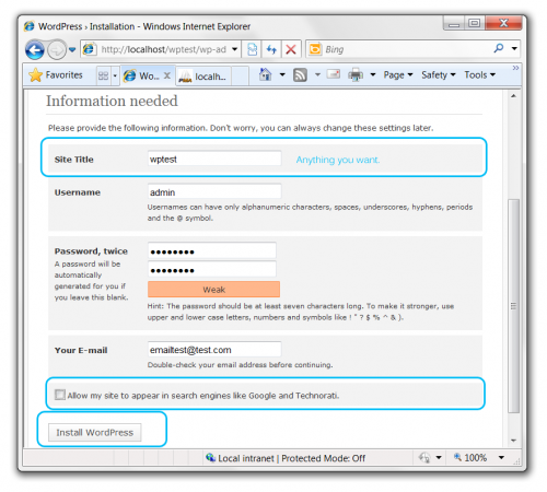 Information Needed page in WordPress