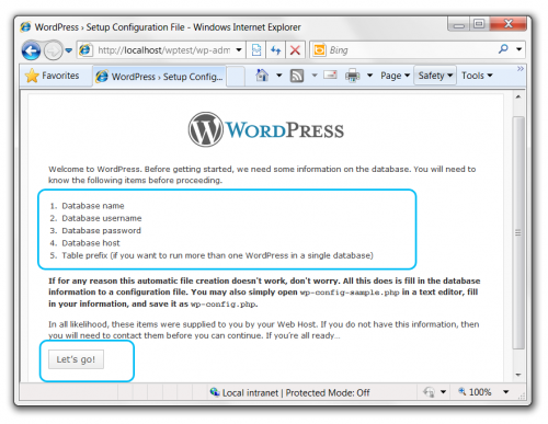 Lets Go page in WordPress