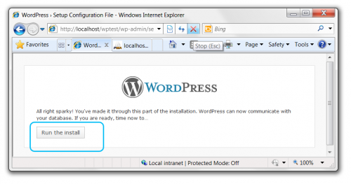 WordPress Run the install page