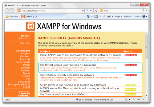 XAMPP security status XAMPP security status