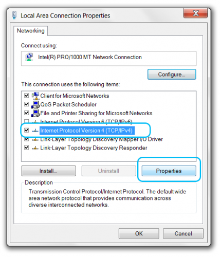 Windows network adapter Local Area Connection properties