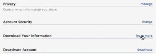 Facebook Download Your Information option