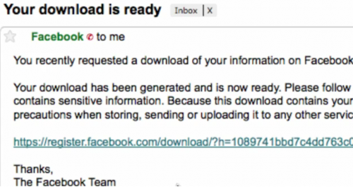Facebook email, info is ready for download link