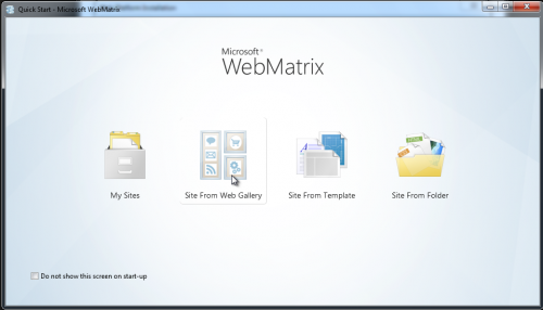 WebMatrix Startup screen
