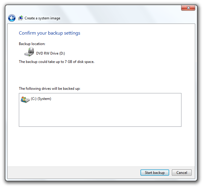 Confirm backup settings and Start backup