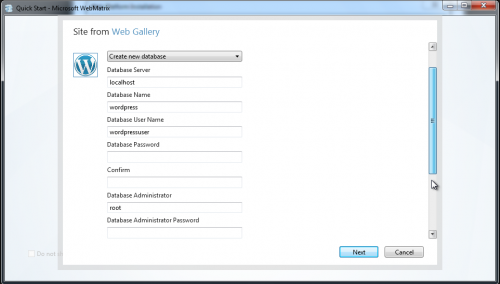 WebMatrix WordPress application parameters