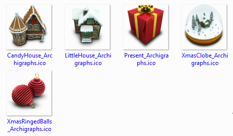 Windows icons, ico file format. Candy house icon, little house icon, present icon, christmas clobe icon, ringer balls icon