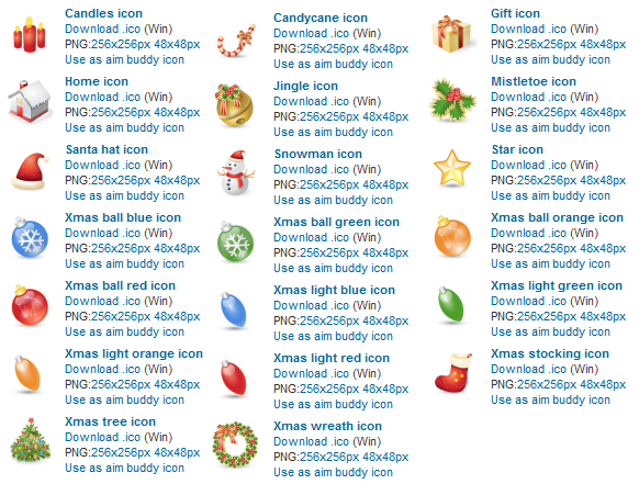 Windows icons, ico and png file format. Candles icons, candycane icon, gift icon, home icon, jingle icon, mistletoe icon, santa hat icon, sonowman icon, star icon, xmas ball icons, christmas tree icon, christmas wreath icon