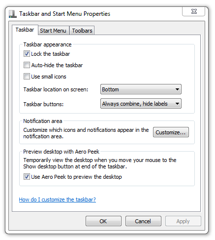 Windows 7 taskbar and Start menu properties Windows 7 taskbar and Start menu properties