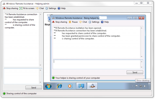 Remote Chat wra Remote assistance, stop sharing, pause button, chat, settings