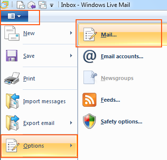 Windows Live Mail 2011 - Menu, Options, Mail