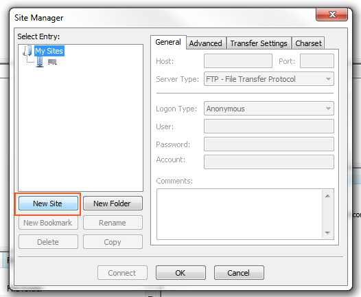 FileZilla - Create new site