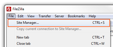 FileZilla - Site mananger menu