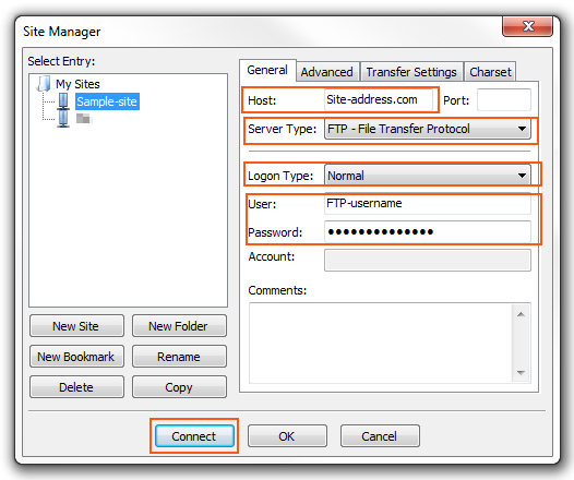 FileZilla - WordPress FTP information