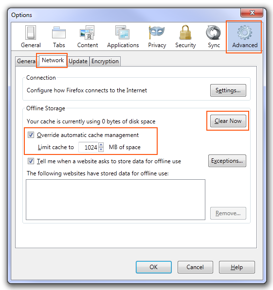 Firefox 4 - Options, advanced, network