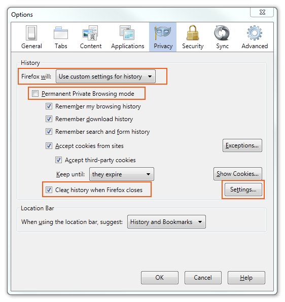 Firefox 4 - Privacy options