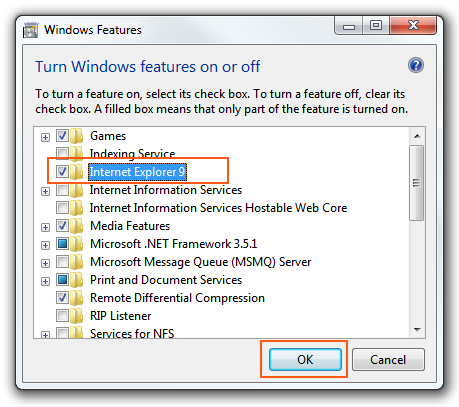 Windows 7 - Windows Features box Windows 7 - Windows Features box