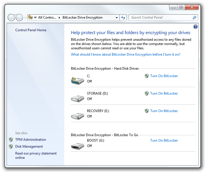 Windows BitLocker - List of storage devices Windows BitLocker - List of storage devices