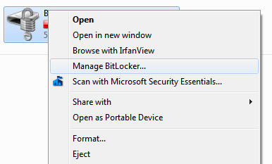 Windows BitLocker - Manage BitLocker option Windows BitLocker - Manage BitLocker option