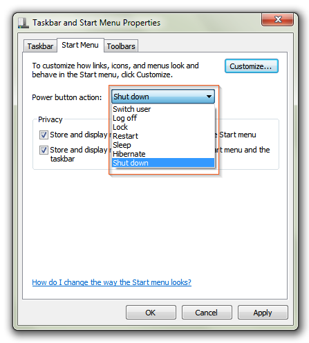 Windows 7 - Power button action