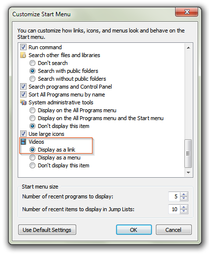 Windows 7 - Videos link in the Start menu