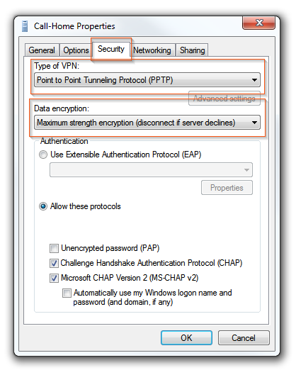 Windows 7  VPN connections - Security options