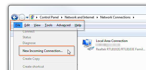 Windows 7 - Hidden menu VPN - New incoming connection