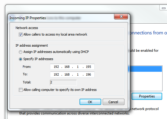 Windows 7 VPN Server - Incoming IP properties