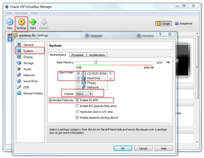 VirtualBox - System settings motherboard tab VirtualBox - System settings motherboard tab