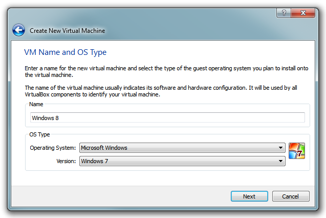 Windows 8 - VirtualBox: Name VM and choose OS type Windows 8 - VirtualBox: Name VM and choose OS type