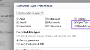 Google Chrome: Open Tabs and Search Engines sync