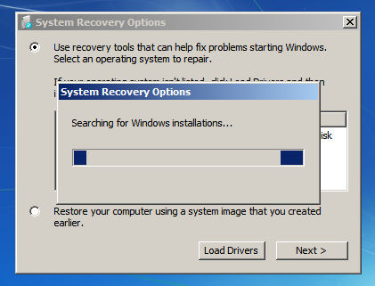System Recovery Options - Searching for Windows installations