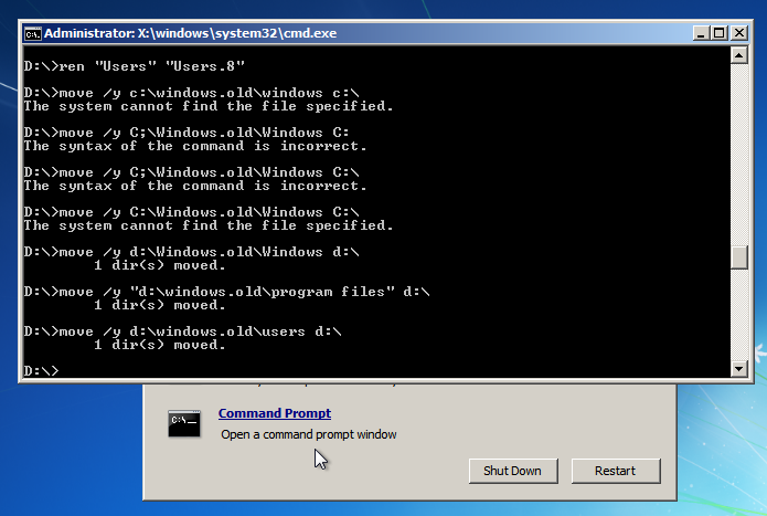 Uninstall Windows 8 - Windows 7 Command Prompt - Move