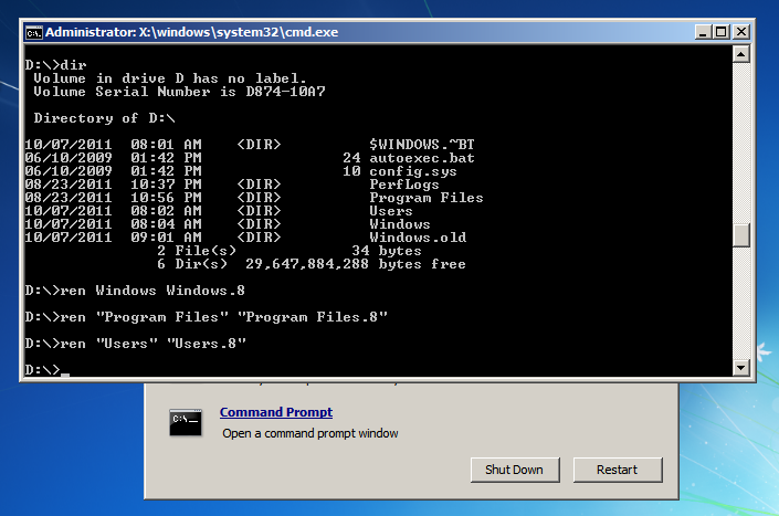 Uninstall Windows 8 - Windows 7 Command Prompt - REN Command