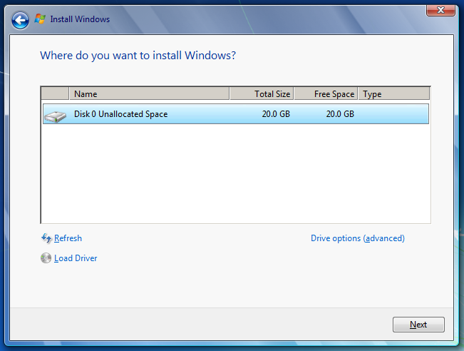Windows 7 - Setup where to install Windows
