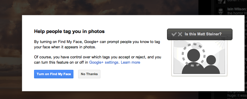 Find My Face - Google+ prompt Find My Face - Google+ prompt