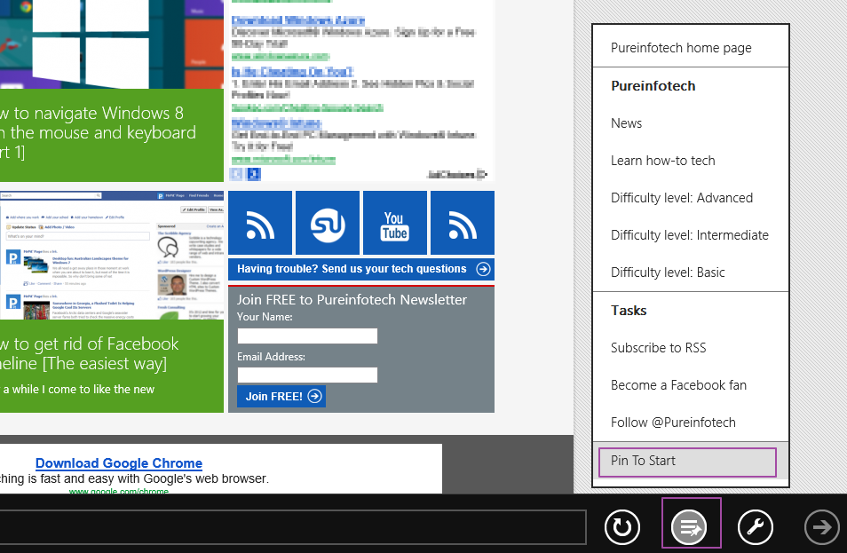 How to open Windows 8 pinned website tiles on the desktop