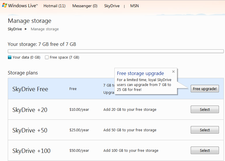 SkyDrive Free Upgrade SkyDrive Free Upgrade