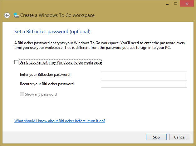 Windows To Go BitLocker option Windows To Go BitLocker option