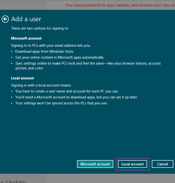 Local user account in Windows 8