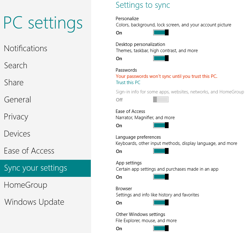 PC Settings - Sync - Windows 8