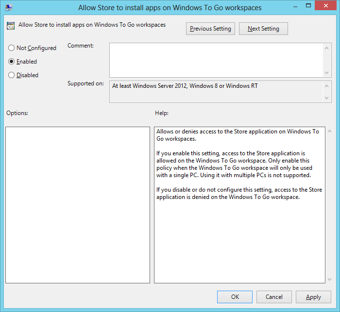 Windows Store policy options