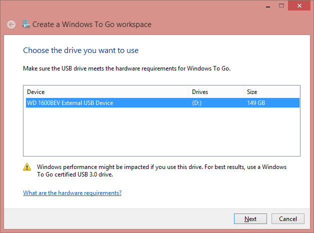 Windows To Go wizard - Choose drive Windows To Go wizard - Choose drive