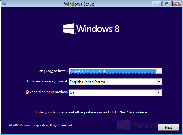 Win 8 Setup screen